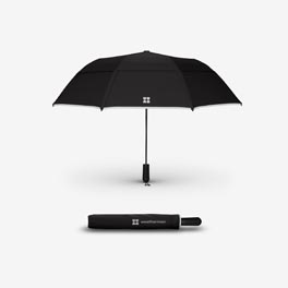 Two black Weatherman umbrellas, one closed